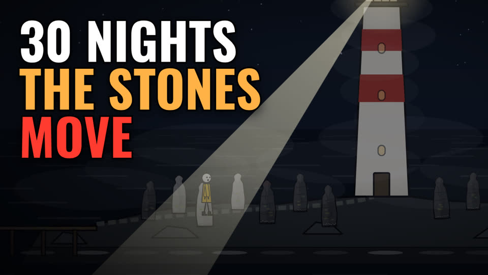 The Last Light: a lighthouse at night, with stones on the rocks